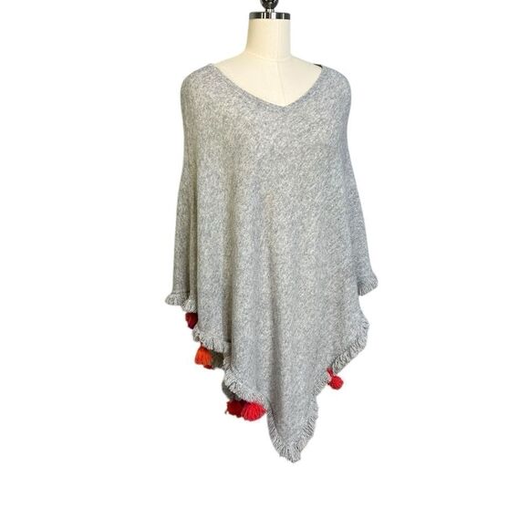 Beryll Light Gray 100% Cashmere Poncho with Pom Poms| OS - Picture 6 of 8